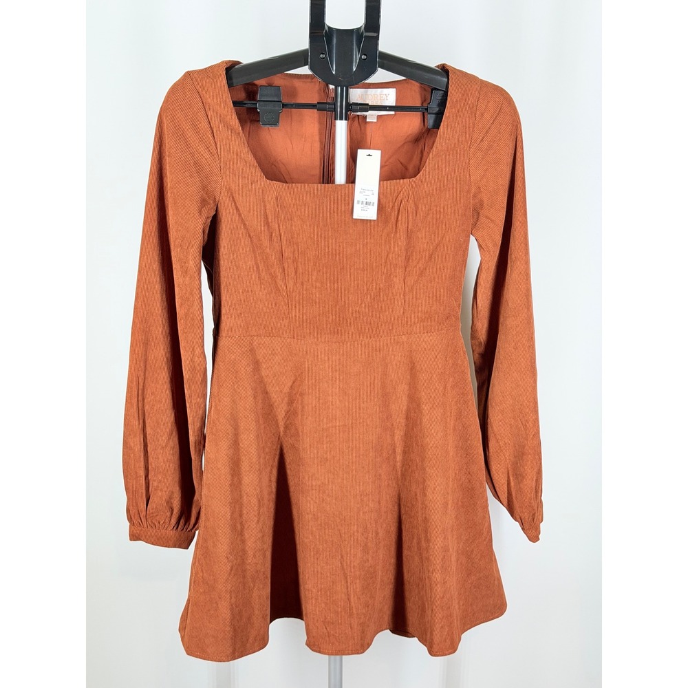 Audrey Parks Francescas Rust Corduroy Square Neck Long Sleeve Mini Dress M NEW